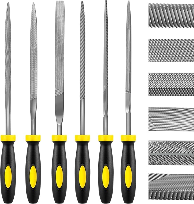 6 Piece Metal Needle File Set - 4-inch,Carbon Steel Files for Metal, Wood & Jewelry | Includes Flat, Warding, Square, Triangular, Round, and Half-Round Files