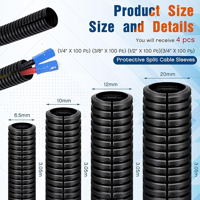 Sasylvia 1/4, 3/8, 1/2, 3/4'' X 10 ft Split Wire Loom Cord Protector Tubing Split Conduit Protector Tubing Convoluted Tube Flexible Electrical Wire Cover Protective Sleeves(Black)
