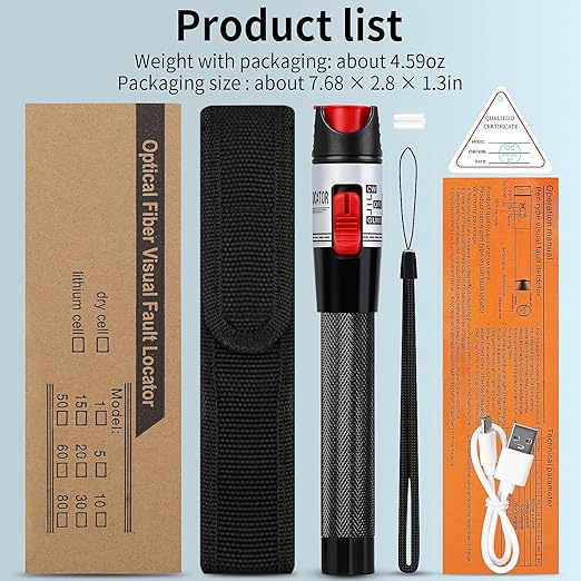 Rechargeable Visual Fault Locator 50KM VFL Fiber Optic Tester Suitable for SC/FC/ST 2.5mm Interface LC 1.25mm Interface Belt 1 FC-LC Single Mode 9/125um Adapter of Fiber Optic Network Cable Test Pen