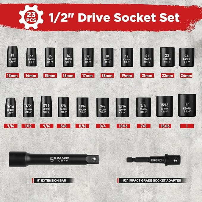 1/2" Drive Impact Socket Rachtet Wrench Set, 23 Piece Metric (13-19, 21, 22, 24mm) and SAE (7/16 to 1 inch) Tool Set with Storage Box for Auto Repairing