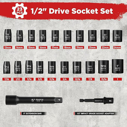 1/2" Drive Impact Socket Rachtet Wrench Set, 23 Piece Metric (13-19, 21, 22, 24mm) and SAE (7/16 to 1 inch) Tool Set with Storage Box for Auto Repairing