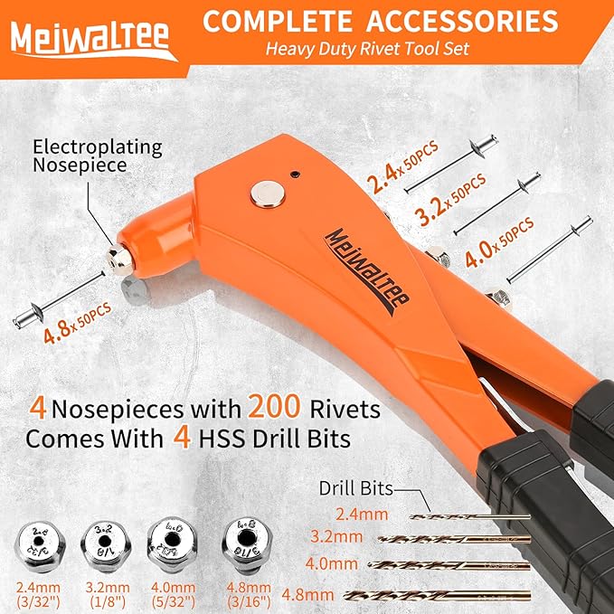 Meiwaltee Rivet Gun with 200PCS Rivets and 4 Drill Bits, Professional Aluminum Alloy Riveter, Heavy Duty Pop Manual Riveting Tool with 4 Interchangeable Heads for Metal, Wood and Plastic
