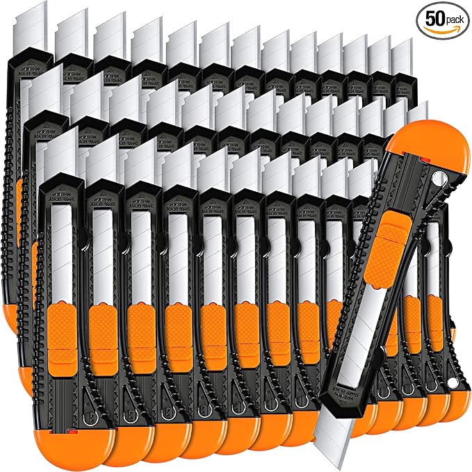 Lasnten 50 Pack Box Cutter Retractable Utility Knife 18mm Wide Blade Cardboard Cutter Suitable for Office Art, Craft and Home Use