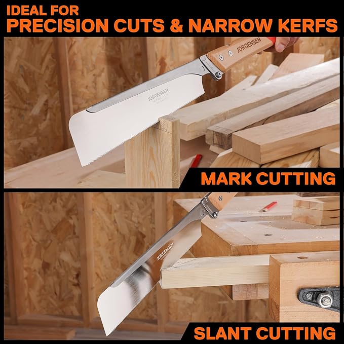 JORGENSEN Japanese Pull Saw, 9.5 Inch Pro Folding Dovetail Saw with Beech Wood Long handle, SK5 Steel Blade Tool-less Quick Change, 21TPI Cross Cut Woodworking Handsaw for Hardwood, Softwood
