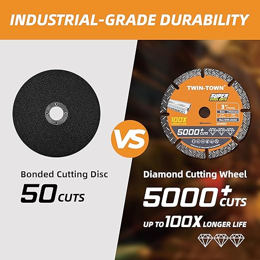 TWIN-TOWN 3" Diamond Cutting Wheel with 3/8" Arbor, Metal Cut Off Wheel, Carbide Cutting Wheel for Angle Grinder, 5000+ Cuts on Rebar, Steel, Iron, and INOX