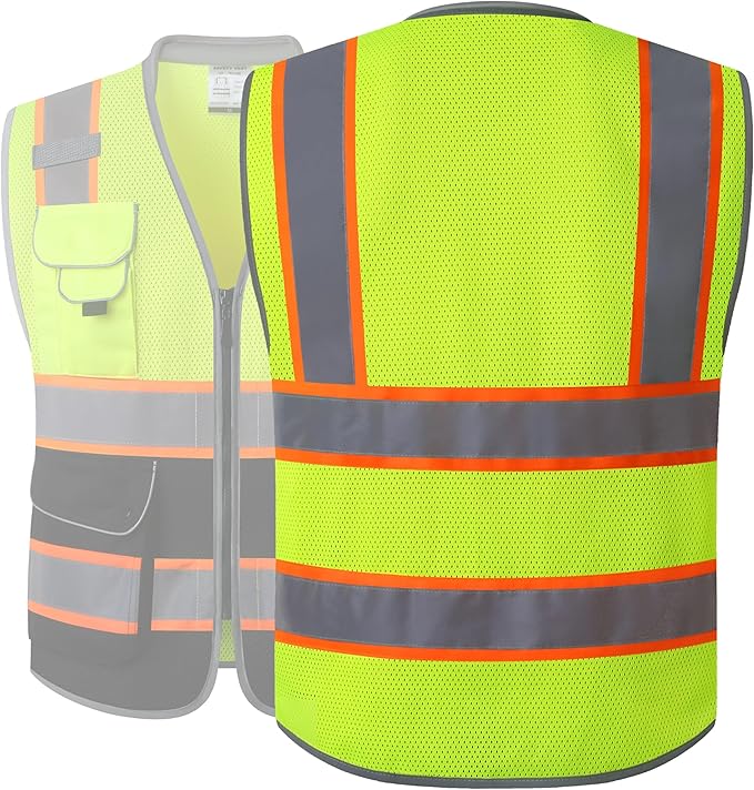 JKSafety 9 Pockets Class 2 Hi-Vis Safety Vest High Visibility Reflecitive Mesh Safety Vests for Men and Women Cushioned Collar Work Utility PPE Work Gear ANSI/ISEA compliant (101-YBlack L)