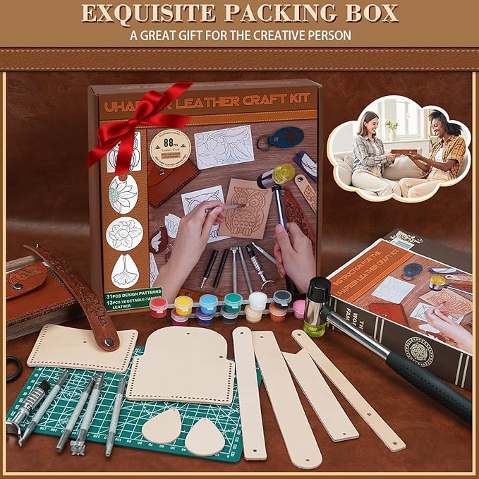 UHAPEER 88PCS Leather Crafting Kit: Leather Working Tools and Supplies for Adult, with Stamping Dyeing Carving Tools, Video Tutorial for Beginners to DIY Earring Wallet Keychain Wristband