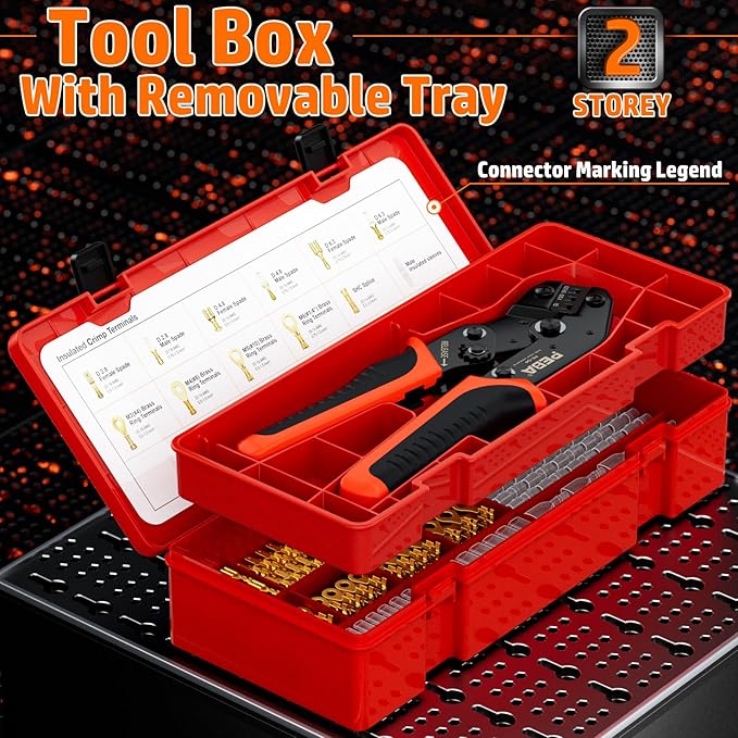PEBA Open Terminal Connector Crimping Tool Kit, 10 Types Quick Splice Wire Spade Connector, Crimper AWG 24-14 for 2.8mm 3.5mm 3.9mm 4.8mm 6.3mm Pin Terminals, Use on Molex 2.13mm 2.36mm, AMP-TE