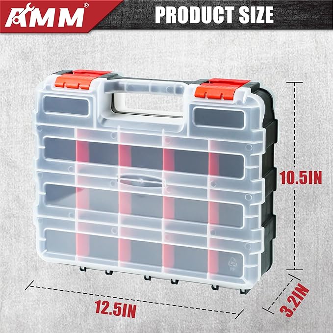 AMM Tool Box, Double Side Tool Box Organizer with 34 Compartments, Removable Dividers, Tackle Box Small Parts Screw Hardware Organizer for Screws, Nuts, Nails and Bolts (1 Piece, Red)