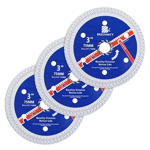 Super Thin Diamond Porcelain Saw Blade with X Teeth,BRSCHNITT3pcs 3 Inch (75mm) x Arbor 10mm Angle Grinder Diamond Cutting Disc for Dry/Wet Cutting Porcelain Tile Ceramic Marble Granite