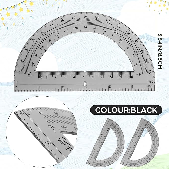 EBOOT Plastic Protractor Math Protractors 180 Degrees, 6 Inch, Pack of 2 (Black)