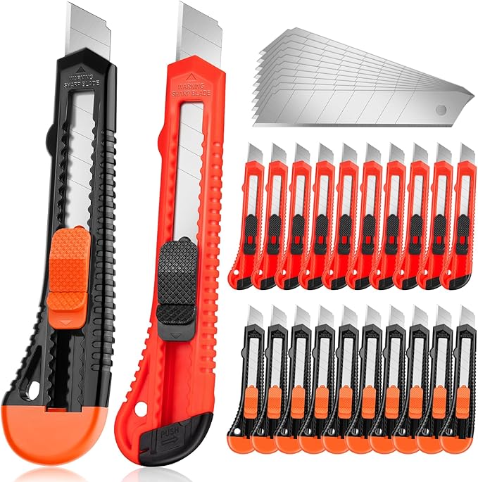 20 Pack Utility Knife, Box Cutter Retractable, Box Knife for Cartons, Cardboard, and Boxes, Box Opener with 10 Pieces 18mm Snap-off Blade, Razor Knife for Office and Home Use, Box Cutters