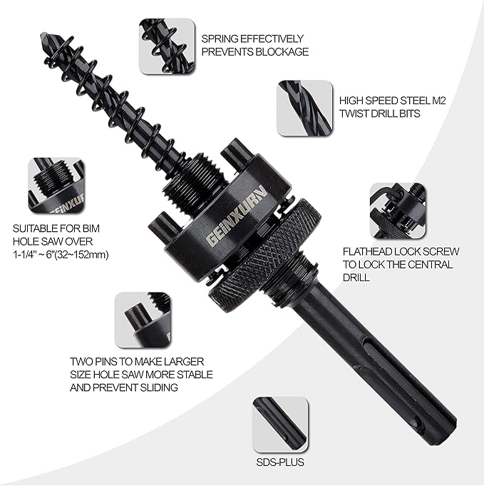 SDS-Plus Hole Saw Mandrel, Include 2Pcs Hole Saw Arbors with 3Pcs 1/4 Inch HSS(M2) Central Drill/2PCS Hex wrench/2Pcs Spring