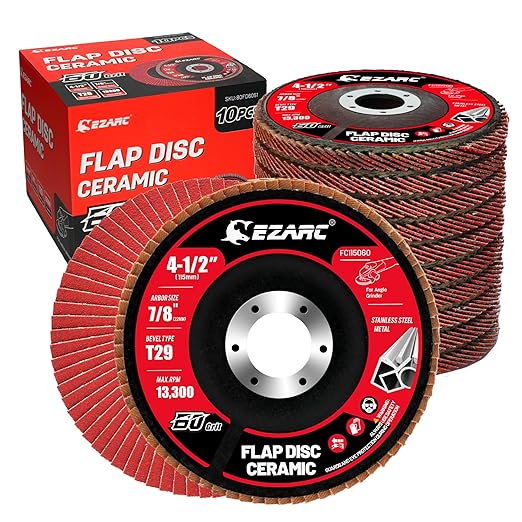 EZARC Ceramic Flap Discs 60 Grit, 4 1/2 x 7/8-Inch Flap Sanding Disc, Type 29 Ceramic Grinding Wheel for Stainless Steel, Non-Ferrous Metal, Cast Iron, Sheet Metal, 10 Pack