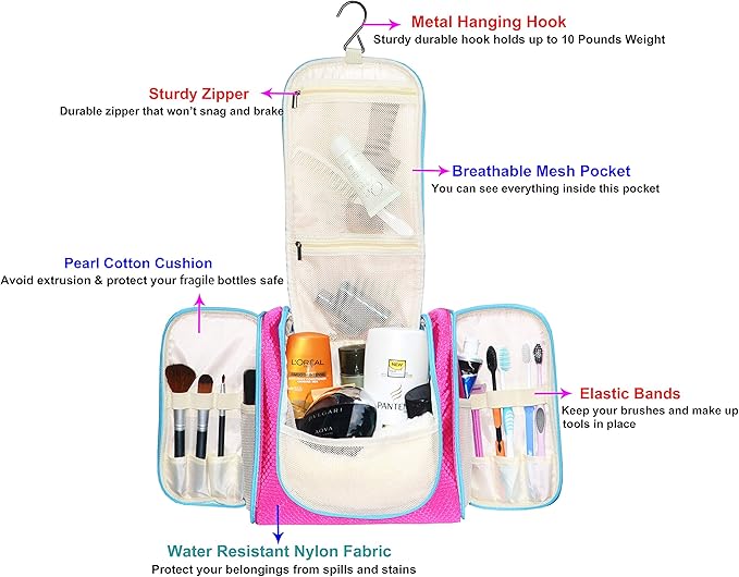Hanging Toiletry Bag Extra Large Capacity | Premium Travel Organizer Bags For Men And Women | Durable Waterproof Nylon Bathroom, Shower, Makeup Bag For Toiletries, Cosmetics, Brushes