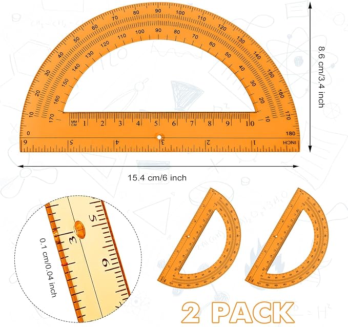 Zonon 2 Pcs 6 Inch Plastic Protractor Math Protractors 180 Degrees Angle Measurement, Translucent for Geometry Classroom Kid Student School Office Supplies(Orange)