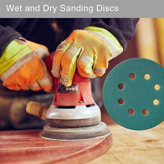 5 Inch 8 Hole 80 Pcs Sanding Discs Set Heavy-Duty Hook and Loop 60 80 100 120 150 180 240 320 Grit Polyester Green Film Backed Sandpaper Wet Dry Sanding Disc for Random Orbital Sander
