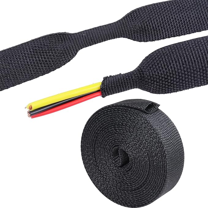 2:1 Ratio Automotive Heat Shrink Braided Sleeve, Cord Protector, Wear-Resistant Fabric Flat Woven Shrinkable Tubing Wires Hoses Protection (3/8"-15ft)