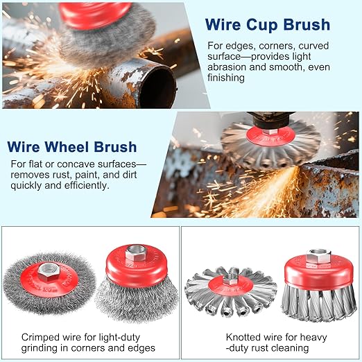 7 PCS Wire Wheel Brush for 4-1/2" Angle Grinder, Carbon Steel Knotted & Crimped Cup/Wheel Brushes (3" & 4"), Heavy Duty Rust, Paint, Corrosion Removal, 5/8"-11 UNC Threaded Arbor
