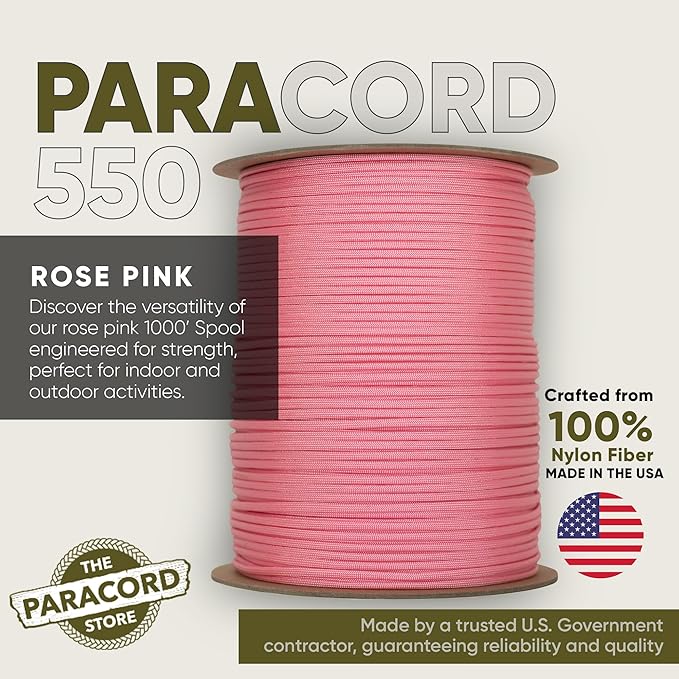The Paracord Store | Type III 550 Paracord - 250 FT Spool, Rose Pink | Heavy Duty 7 Strand Tactical Paracord - USA Made Nylon Outdoor Parachute Cord for Camping, Fishing & More - Survival Cord