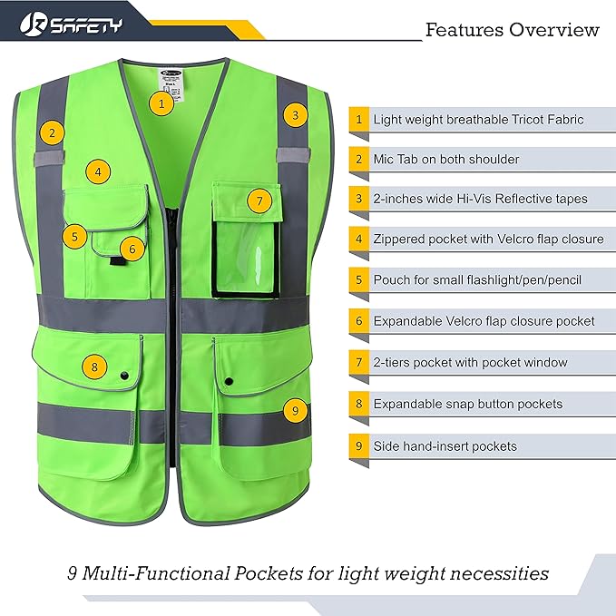 JKSafety 9 Pockets Class 2 High Visibility Zipper Front Safety Vest With Reflective Strips, Meets ANSI/ISEA Standards (X-Large, 150-Green)
