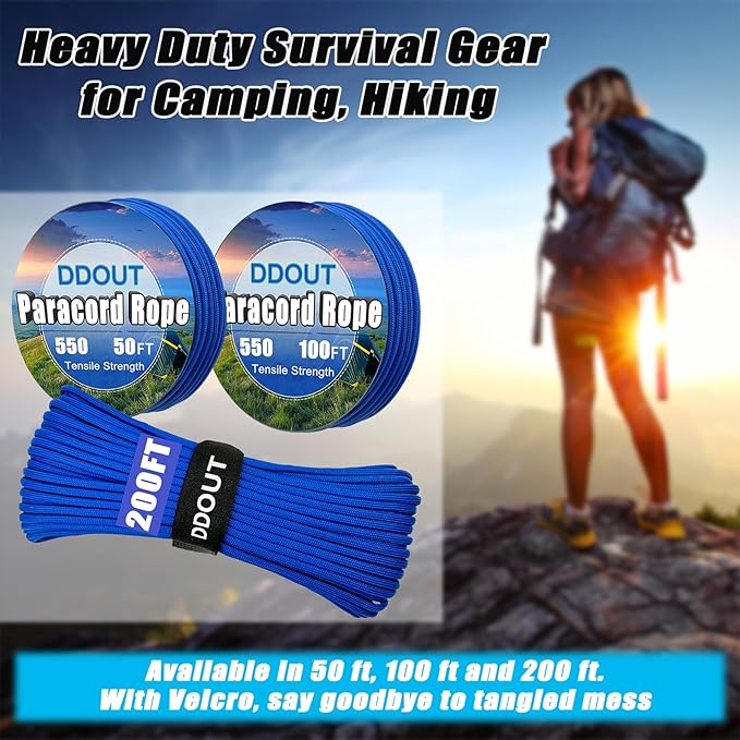 Paracord Nylon Rope Blue 50ft with 7-Strand Core, 10 Colors and 50/100/200 ft, Type III Parachute Cord 4mm for Camping, Survival, Hiking, DIY, Crafting, Outdoor Utility Rope