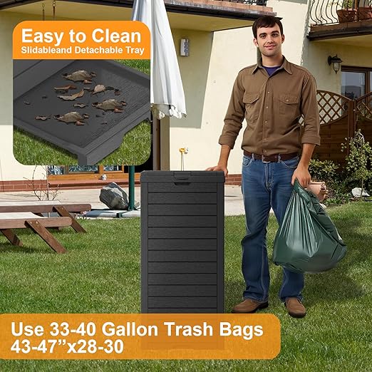 Vixzen 38Gallon Outdoor Trash Can with Lid,Waterproof Resin Waste Bin,Lightweight,Large Sturdy Garbage Bin for Patio,Kitchen,Backyard,Black