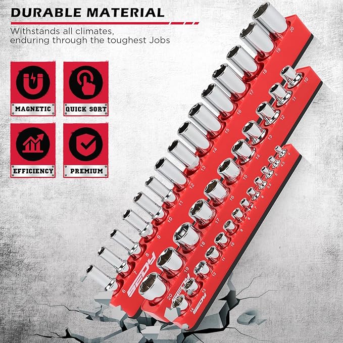 6-Piece 1/4" 3/8" 1/2"-Driver Metric Magnetic Socket Organizer Set (Holds 75 Sockets) - Detachable Tool Tray with 5mm Magnetic Base for Garage/Home(Sockets Not Included)