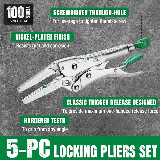 SK 5-Piece Locking Pliers Set, Long Nose & Curved Jaw Locking Pliers, Premium CR-V Construction, Ergonomic Anti-slip Handle, Ideal for Welding or Assembly, with Rolling Pouch