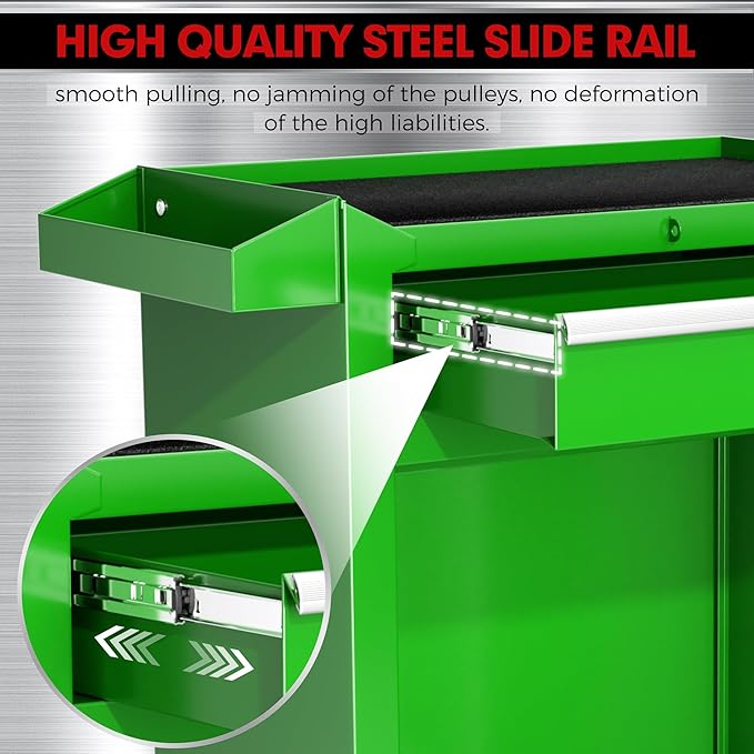 Crownland 5-Drawer Rolling Tool Chest with Wheels, Lockable 2 in 1 Detachable Tool Cabinet wit Drawers and Black Liners, Garage Top Toolbox & Bottom Storage Cart with Side Hooks(Green)