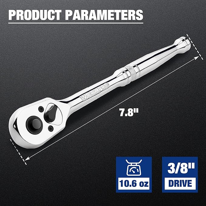 WORKPRO 3/8-Inch Drive Ratchet, Quick-Release Reversible Ratchet Wrench, 72-Tooth 3/8 Drive Ratchet Handle, Chrome Alloy Made, Cr-Mo Head, Full Polished