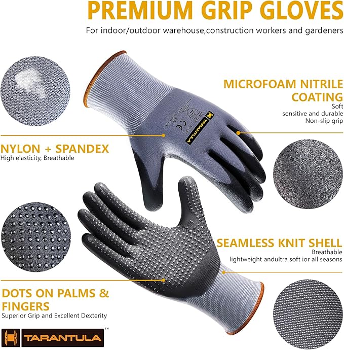 Tarantula Safety Work Gloves MicroFoam Nitrile Coated,Endurance Seamless Knit Nylon,Dots on Palm,Dot Grip Gloves