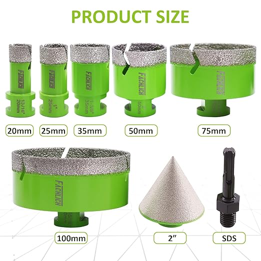 Diamond Core Drill Bits Set - 8pcs (20/25/35/50/75/100mm) + 2" Tile Chamfer Bit + SDS Adapter for Porcelain Ceramic Tile Granite Marble