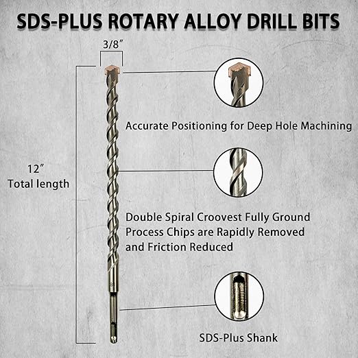 Direko 5-Piece 3/8 inch x 12 Inch SDS Plus Rotary Hammer Drill Bits Carbide Tipped Concert Drill Bits for Concrete, Brick, Cement Walls, Stone, Hammer Drill Bits for Concrete