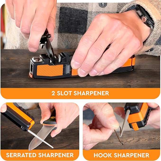 8-in-1 Pocket Field Knife Sharpener – Guided Diamond Whetstones, Diamond Rod, Leather Strop, 2 Sharpening Slots, Fire-Starter Ferro Rod & Whistle – Outdoor, Yard, Camping by Sharp Pebble