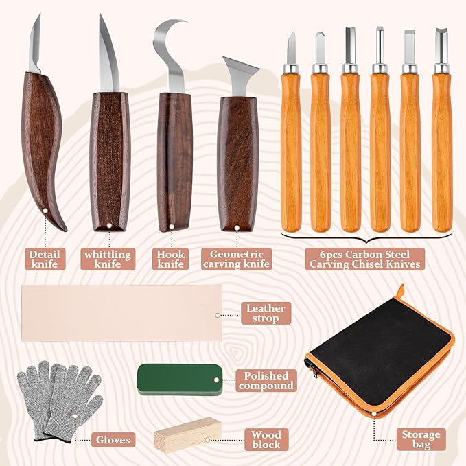Wood Carving Tools Kit for Beginners, 4 Knives, 6 Chisels, Leather Strop, Wax, Sandpaper, Basswood & Safety Gloves - Complete Starter Set with Storage Bag, Whittling Tool Kit for DIY Woodworking