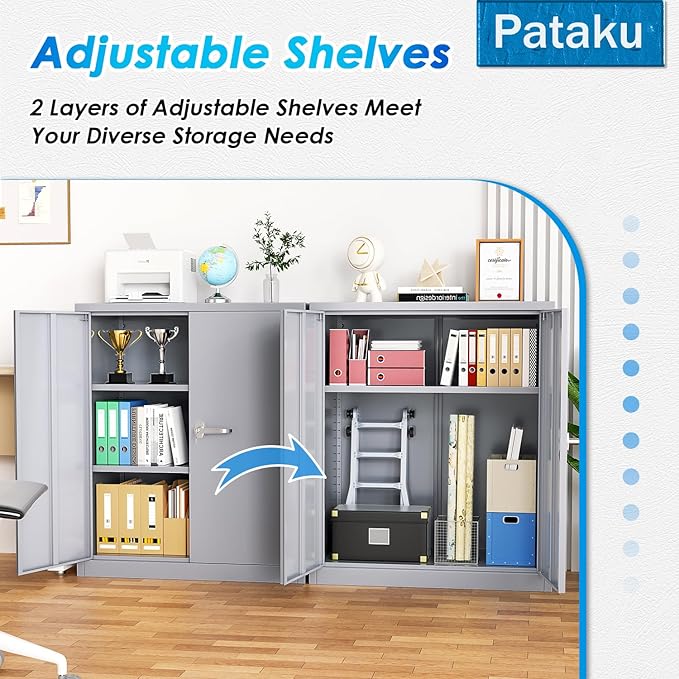 Pataku Metal Storage Cabinet, Garage Cabinet with Doors and Shelves 36" Hx32 Wx16 D, Steel Lockable File Cabinets for Office, Home, Garage, Basement, Industrial, Dark Grey