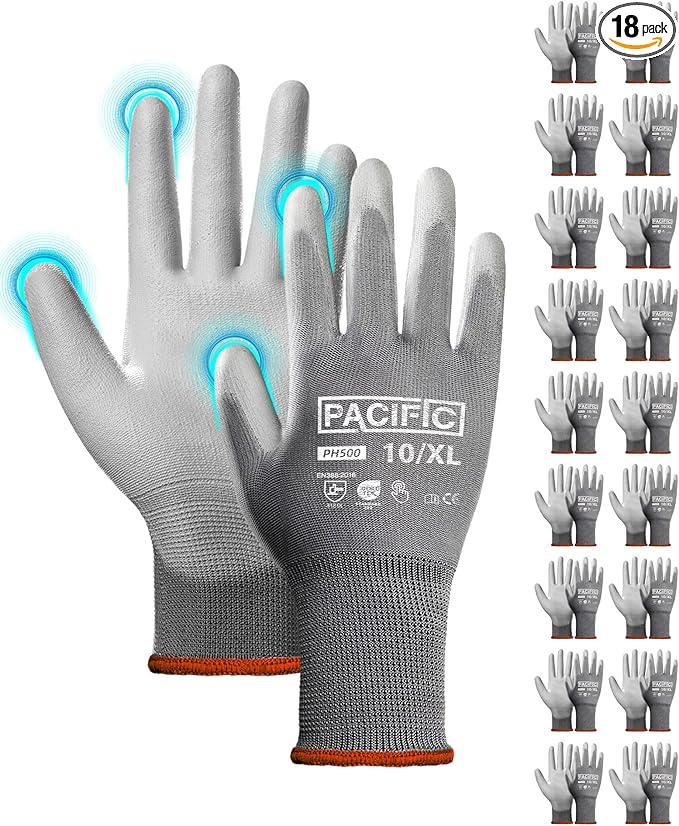 PACIFIC PPE Work Gloves for Men and Women, 18 Pairs Bulk Pack Mechanic Touchscreen Working Gloves, PU Coated, Mens Gardening Gloves, Lightweight, Grey, X-Large