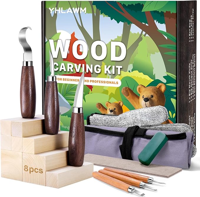 YHLAWM Wood Whittling Kit for Beginners, 18 Pcs Wood Carving Kit with 6 Pcs Carving Knives & 8 Pcs Basswood Blocks, Starters Carving Set, Gift Set for Kids and Adults