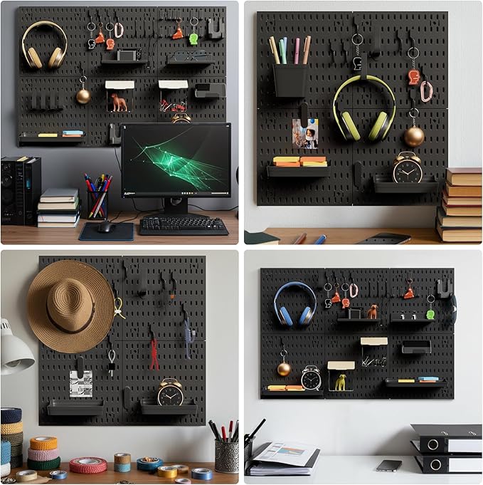 6Pcs Black Peg Board Wall Organizer, Plastic Pegboard Panel, Garage Storage Tool Organizer for Wall, Craft Room, Kitchen, Workshop, Office, Includes Hooks and Bins