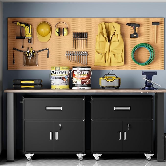 Metal Garage Storage Cabinet with Wheels, Lockable Rolling Tool Chest with Wheels, Tool Cabinet on Wheels, Metal Rolling Utility Cabinet for Home, Office, Garage and Workshop, Black