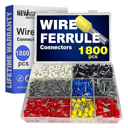 New Age America® 1800pcs Wire Ferrules Kit | AWG 22-8 | Copper & Nylon | Insulated Cord Pin End Terminal | Cable Ferrules | Wire Ends Terminal Kit | AWG 22, 20, 18, 16, 14, 12, 10, 8 | Connectors