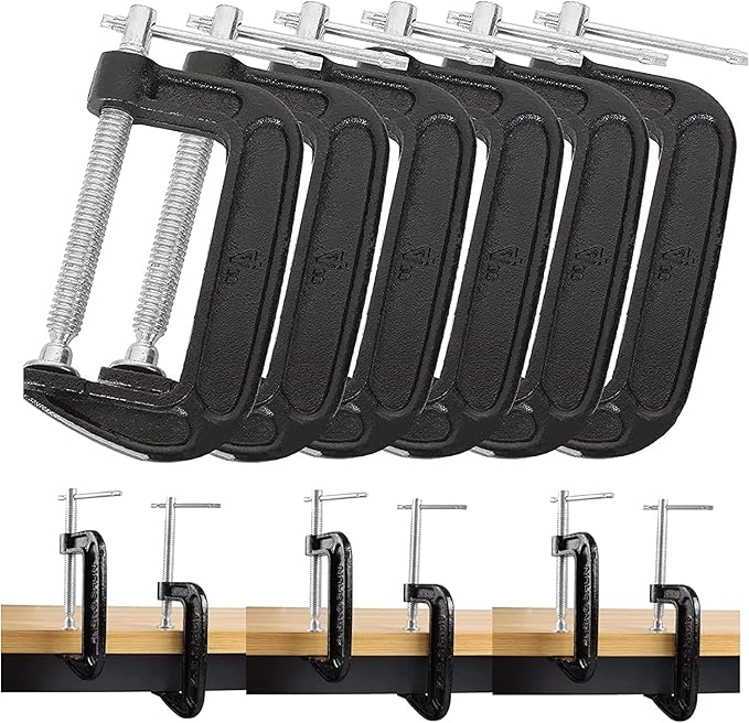 6 PCS Heavy Duty Steel C-Clamps - 4 Inch, Malleable Iron, Black, Set of 6 for Woodworking, Welding, Building