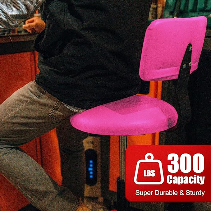 Shop Stool with Backrest, Mechanic Garage Stool for Workshop, Adjustable Shop Stools Chair, Padded Workbench Stools for Men Women, 300 LBS Capacity, 360° Swivel PVC Seat, Heavy Duty, Pink