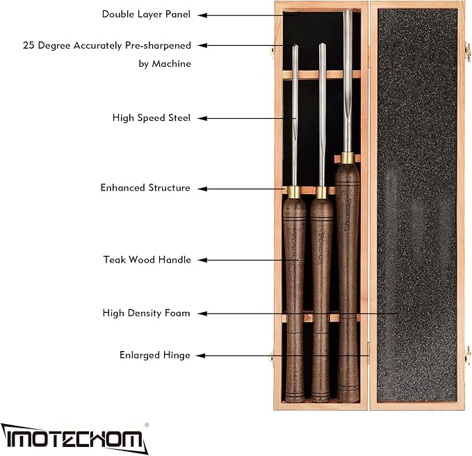 3-Pieces HSS Bowl Gough Lathe Chisel Set Wood Turning Tools with Wooden Box, 1/4-Inches, 3/8-Inches and 1/2-Inches