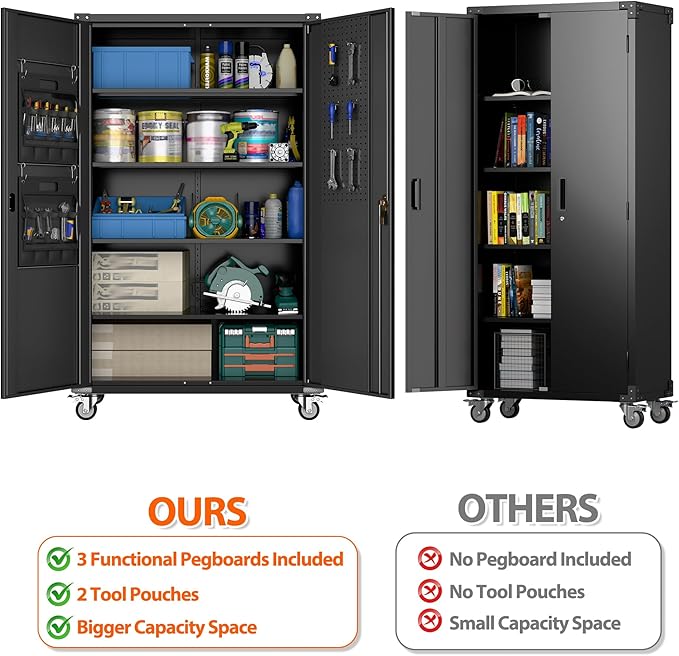 72" H Wide and Deep Garage Storage Cabinet with Wheels & Pegboard, Large Locking Metal Storage Cabinet with 2 Doors and 4 Adjustable Shelves for Garage, Home, Assembly Required, Black