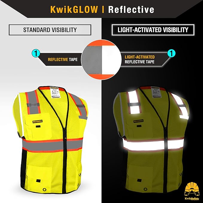 KwikSafety - Charlotte, NC - BIG KAHUNA Safety Vest [11 Pockets] Class 2 ANSI OSHA Reflective Vest Durable High Visibility Vest Construction Safety Vest for Men Industrial Work Gear/Yellow Medium