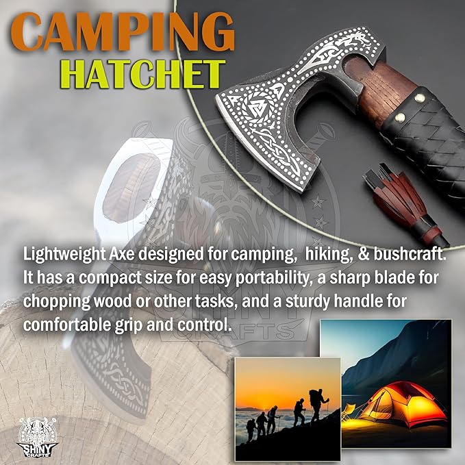 SHINY CRAFTS-Viking Axe Bearded Axe Tomahawk Birthday Gifts-Viking Axe Real, Bearded Axe Real Hatchet Russian Valknut Wood Working Tool with Premium Leather Sheath (SCA-10)