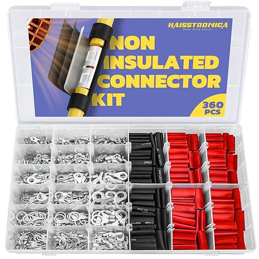 haisstronica Non Insulated Wire Connectors Kit 360 PCS - AWG 22-10 Tinned Copper Electrical Crimp Terminals with 3:1 Heat Shrink Tubing for Automotive, Marine, Industrial Wiring