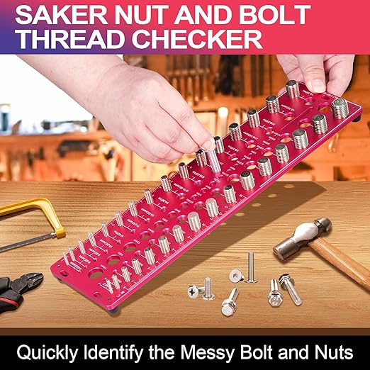 51-in-1 Bolt Size Finder & Thread Checker, 32 Metric & 32 SAE Nut and Bolt Thread Gauge with 19 Drill Bit Checker, CNC-Machined Aluminum Screw Size Chart, Go/No-Go ANSI Standard, Non-Slip Base